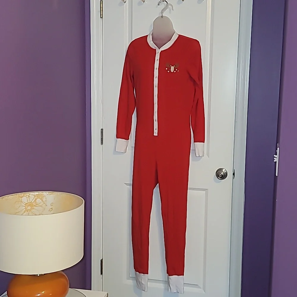 J. Crew Red Women's One Piece Reindeer Pajamas Sz: M - Picture 2 of 10